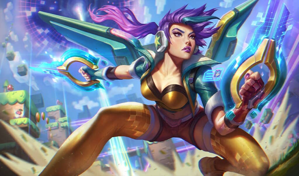 Kai'Sa with purple hair and virtual reality gear dynamically leaps forward