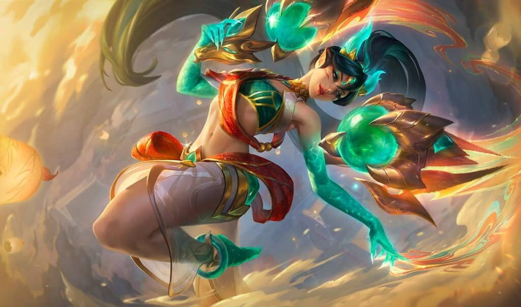 Kai'Sa with glowing green gauntlets and swirling energy poses mid-air against a golden sky