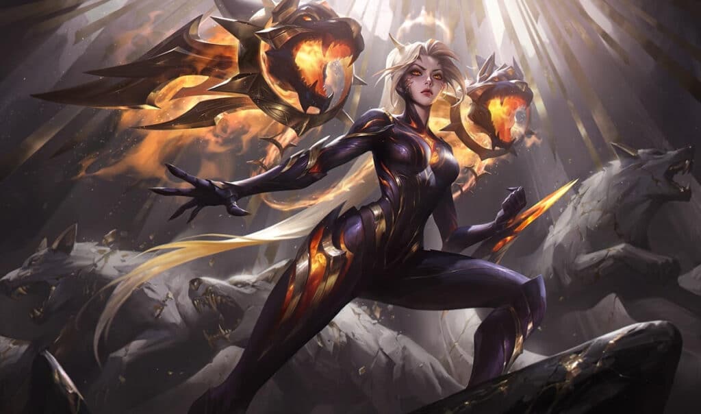Kai'Sa in sleek armor strikes a powerful pose amid glowing, fiery orbs and shadowy wolves