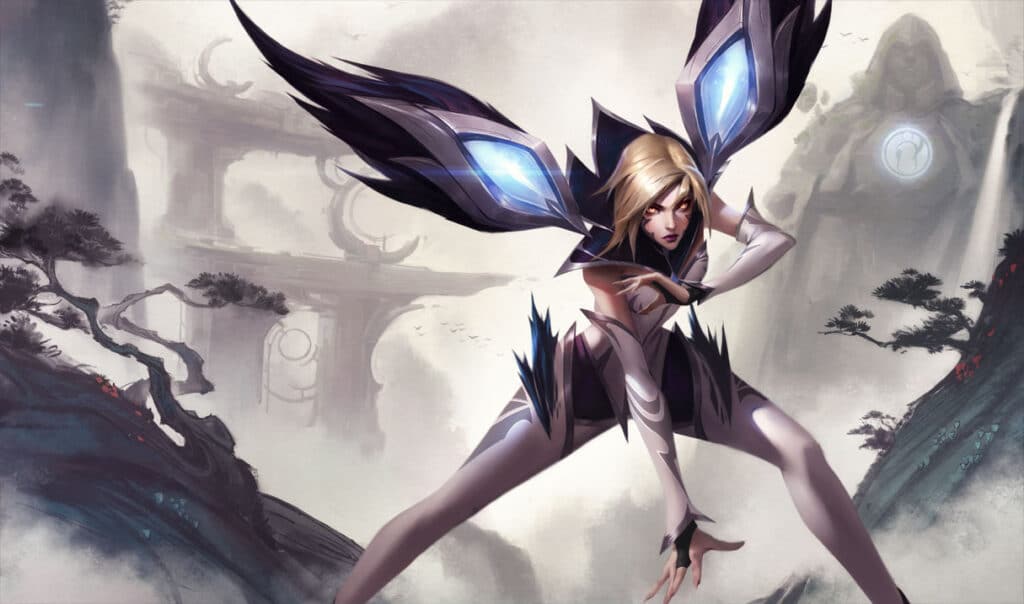 Kai'Sa with glowing blue accents poses dynamically in a misty, ancient landscape
