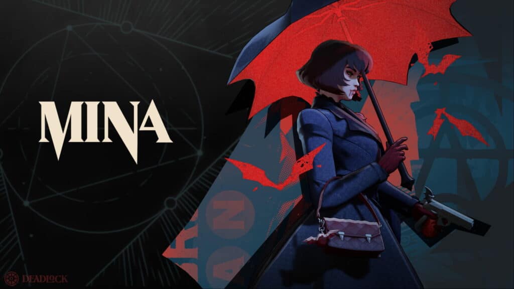 An illustration of Mina in a dark coat holding a red umbrella and weapon