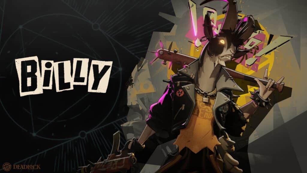 A stylized character named Billy, wearing a spiked leather jacket and holding a bat