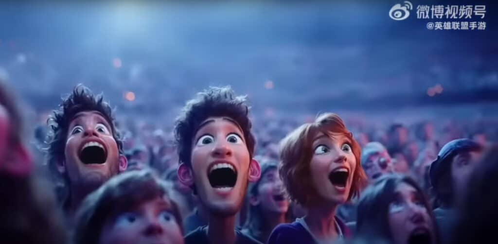 Animated characters in a crowd gaze upward with wide eyes and open mouths, exuding excitement and wonder