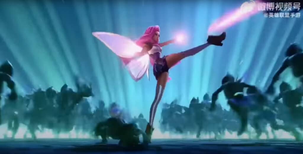 Seraphine performs a high kick with glowing wings, surrounded by shadowy figures under dramatic blue lighting