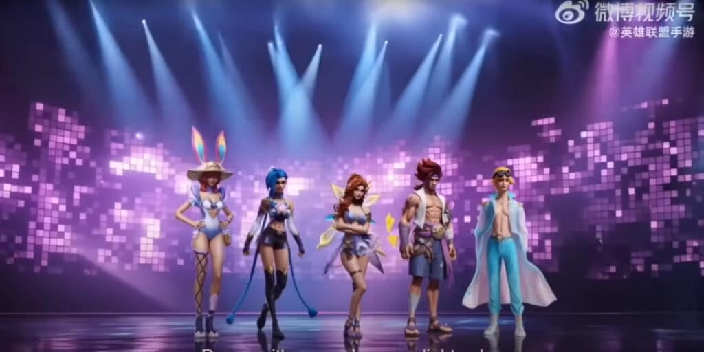 Five stylized fantasy characters stand on a stage with vibrant pink and purple lights