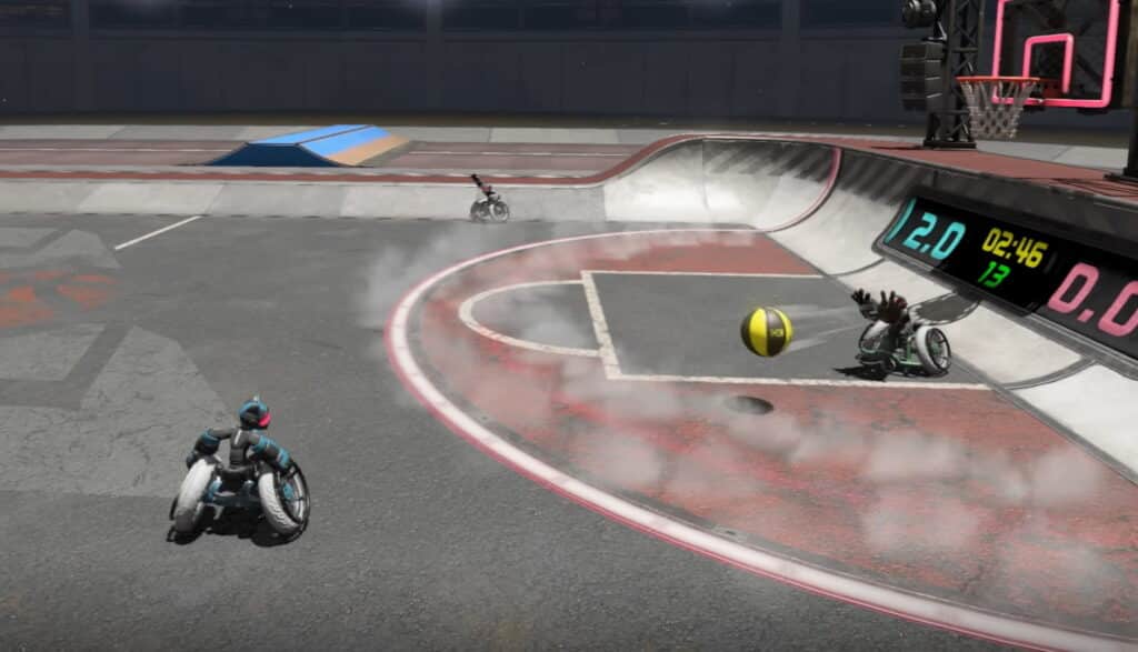 Wheelchair basketball game in action, set in a skatepark with ramps. A player in motion as the yellow ball bounces near a digital scoreboard showing "2-0"