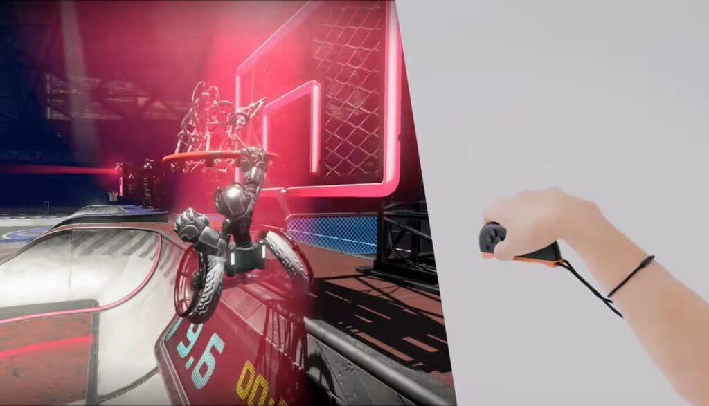 A virtual reality game scene with a red-lit futuristic arena and a basketball dunking robot. A hand grips a VR controller