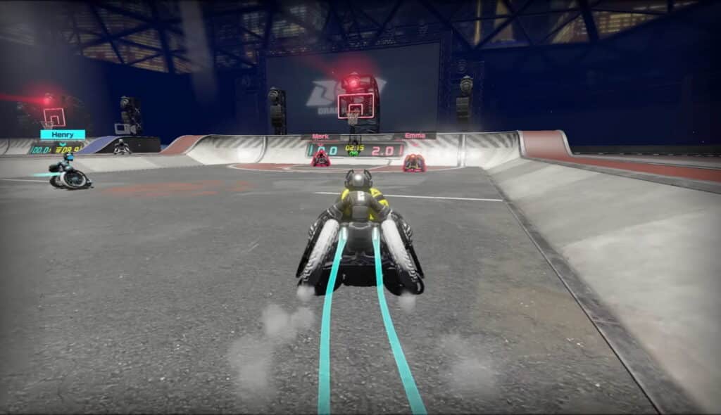 A futuristic basketball game shows players in hover vehicles competing on a brightly lit, arena-style court