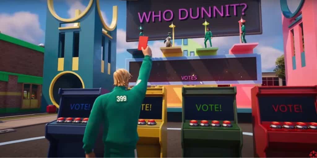 A person in a green outfit holds up a red card in front of colorful voting booths labeled "VOTE!" A screen above asks "WHO DUNNIT?" with small figures on stands.