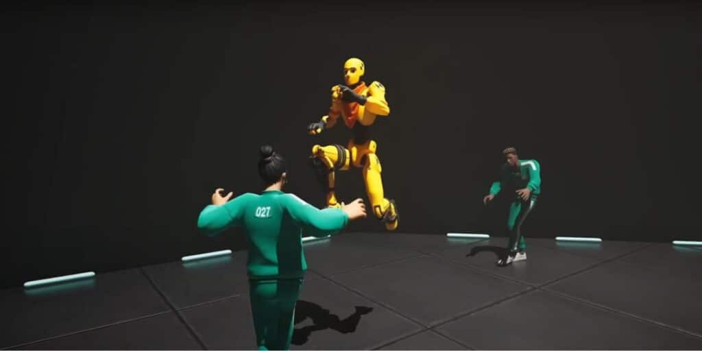 A group of people gathered in a room, interacting with a bright yellow robot in the center.
