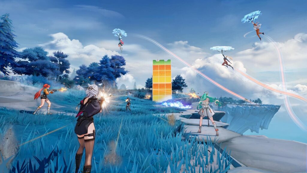 Anime FPS characters fighting near glowing cube as others glide down with energy wings.