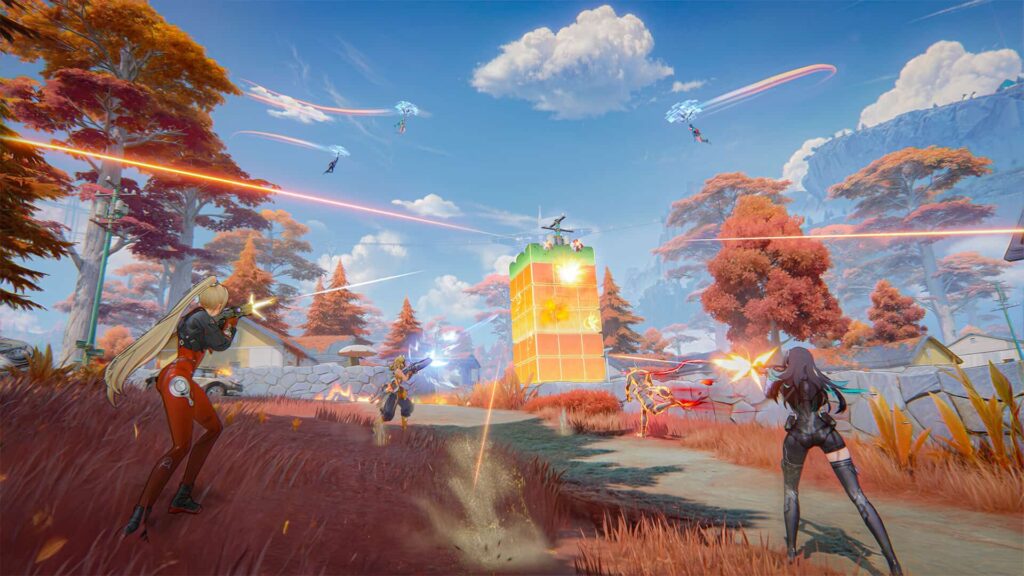 Anime FPS characters shooting near glowing cube as others glide from the sky.
