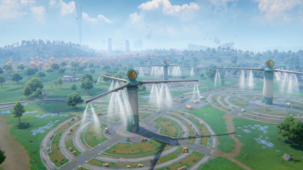 Futuristic circular farms with tall irrigation towers spraying water.
