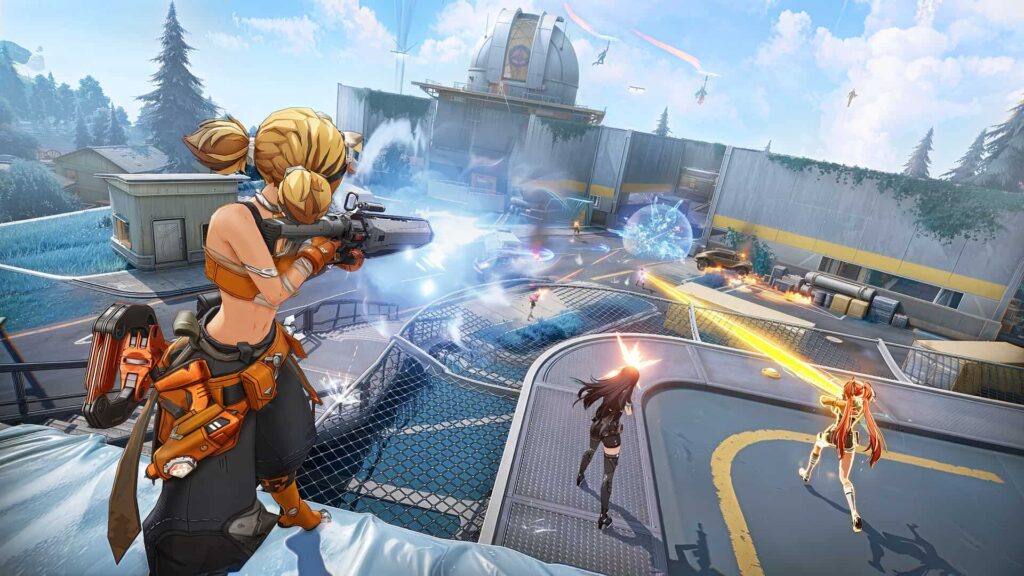 Anime FPS characters battling near a futuristic facility with gunfire and energy shields.