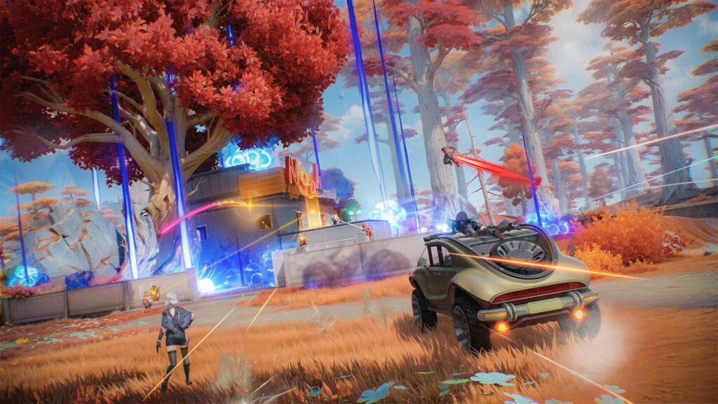 Anime FPS battle scene with characters shooting near a noodle shop and a car in motion.