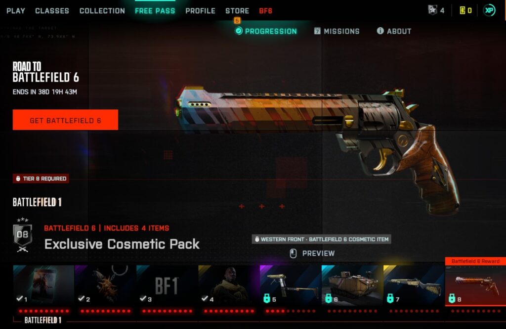 Road to Battlefield 6 free pass screen showing exclusive cosmetic pack and weapon skin rewards