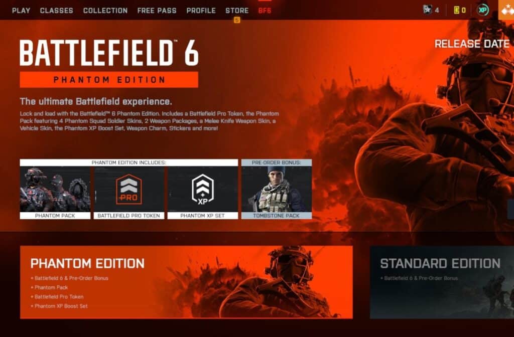 Battlefield 6 Phantom Edition pre order page showing bonuses and Standard Edition options