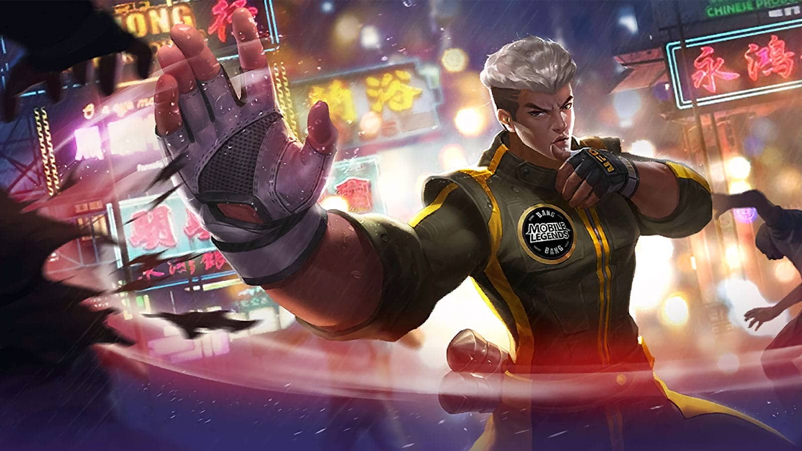 Futuristic fighter in action pose, wearing gloves and a "Mobile Legends" uniform. Neon signs light up a bustling city street backdrop, conveying a dynamic, intense atmosphere