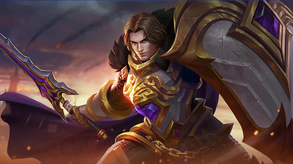 A determined warrior in ornate armor wields a glowing sword and shield amidst a fiery, smoke-filled battlefield, evoking bravery and intensity