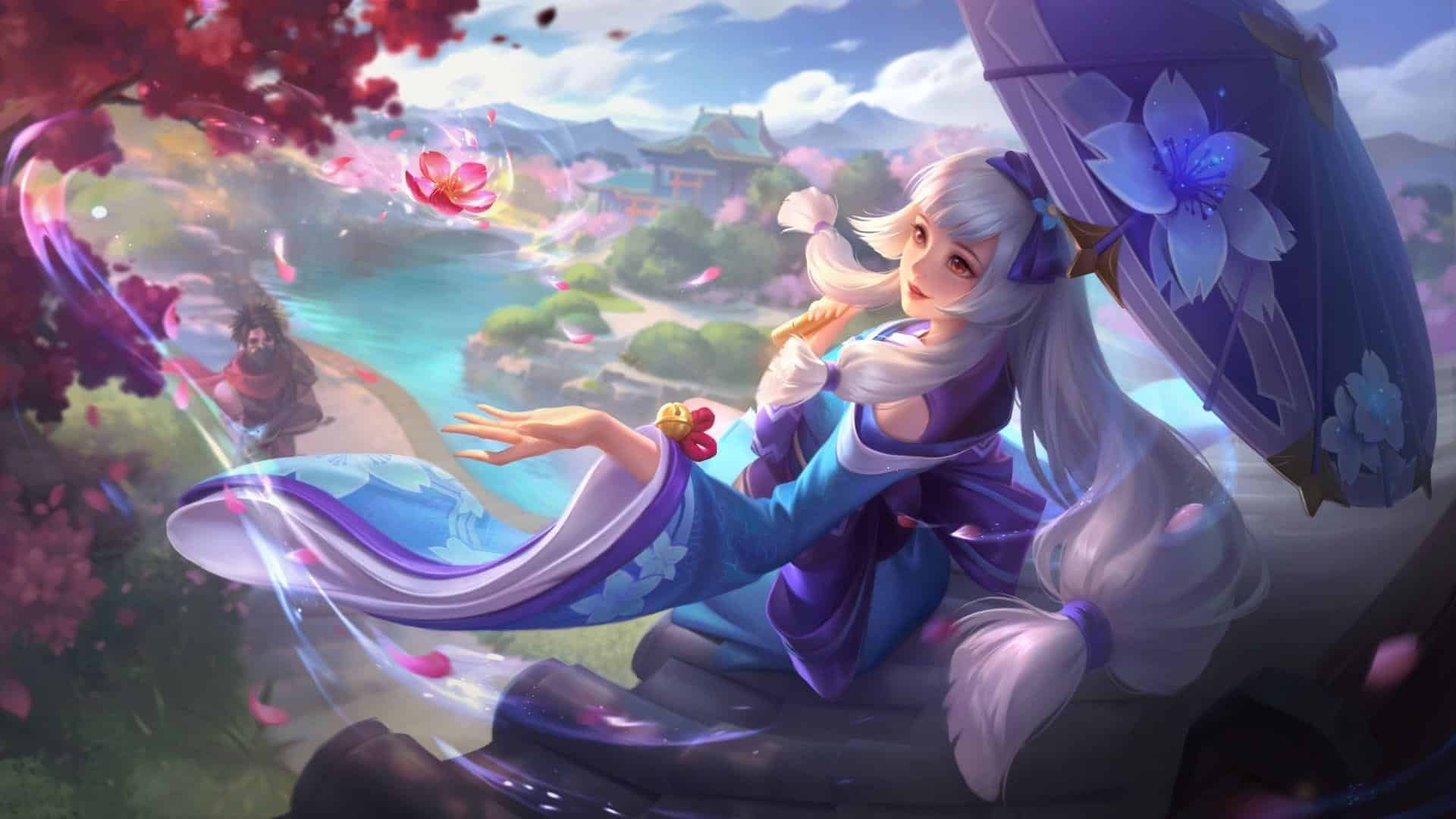 A serene woman with long white hair, dressed in blue, holds a floral parasol atop a roof. Cherry blossoms and a stream create a tranquil, dreamlike scene