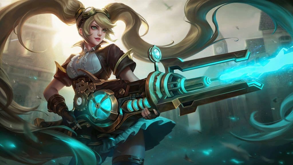A confident female character with blonde hair wields a large, glowing futuristic gun, set against a backdrop of a stormy sky and buildings