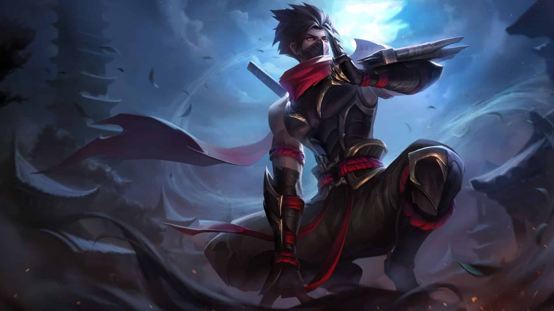 A ninja-like warrior crouches dramatically with a sword on his back, wearing dark armor and a red scarf, set against a stormy night sky