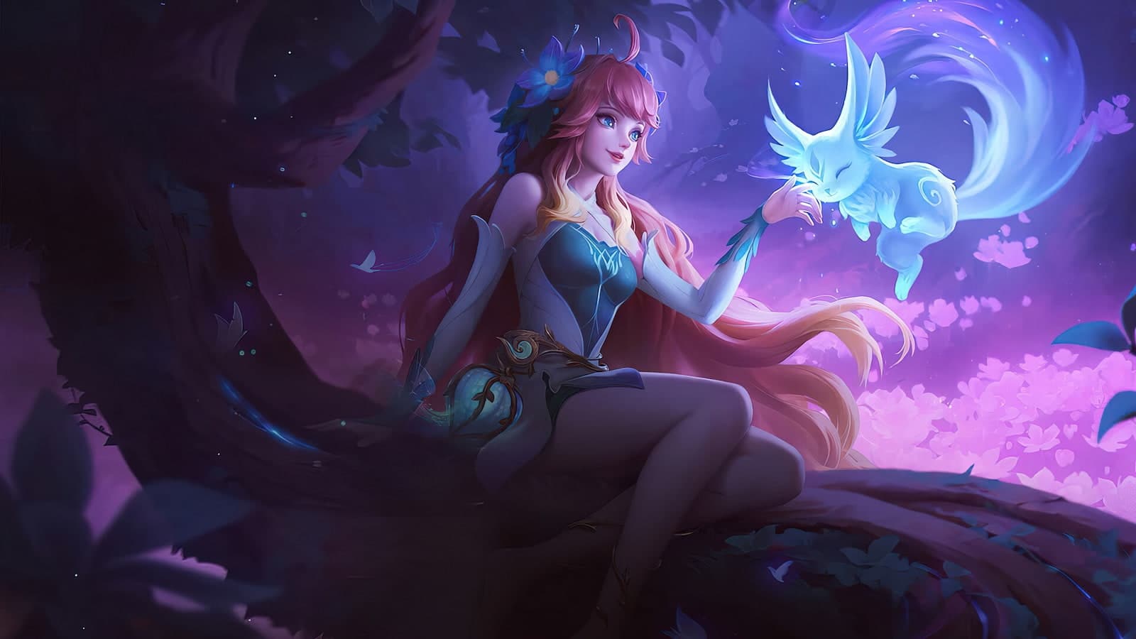 A fantasy scene depicts a woman with long pink hair sitting on a tree. She's reaching out to a glowing, ethereal creature. The atmosphere is magical and serene