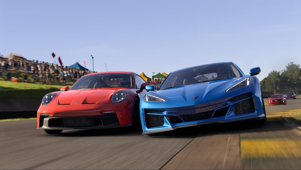 Red and blue sports cars racing in Forza Motorsport