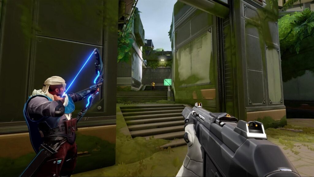 First-person shooter gameplay with agent Sova in VALORANT