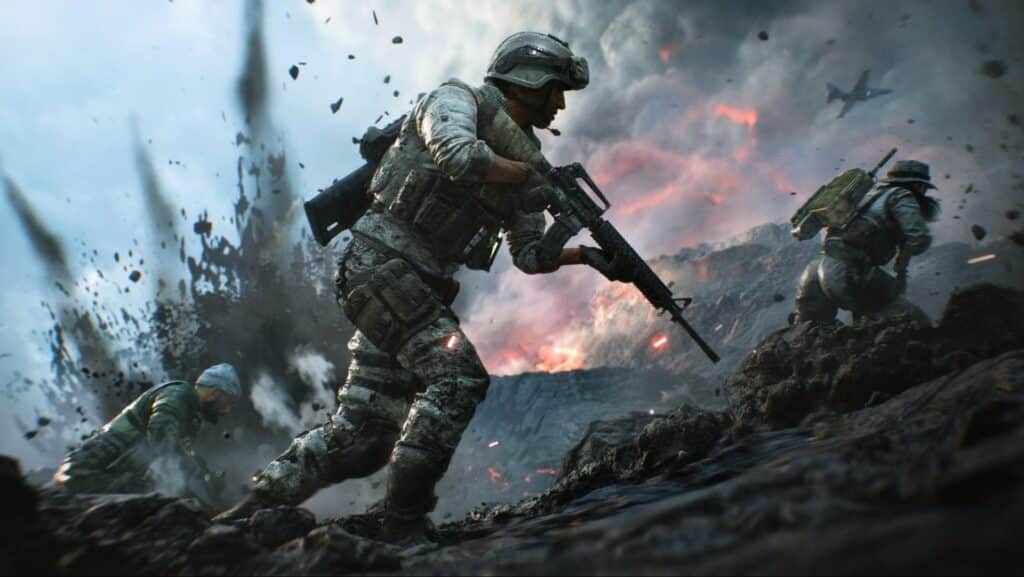 Soldiers in large-scale battle explosion from Battlefield 2042