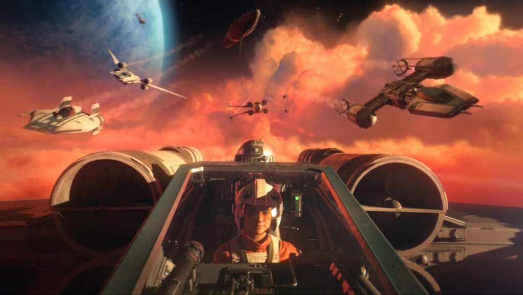 Pilot in X-Wing cockpit leading starship battle in Star Wars Squadrons