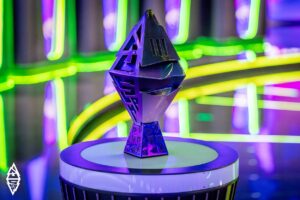 BLAST Slam trophy on a podium