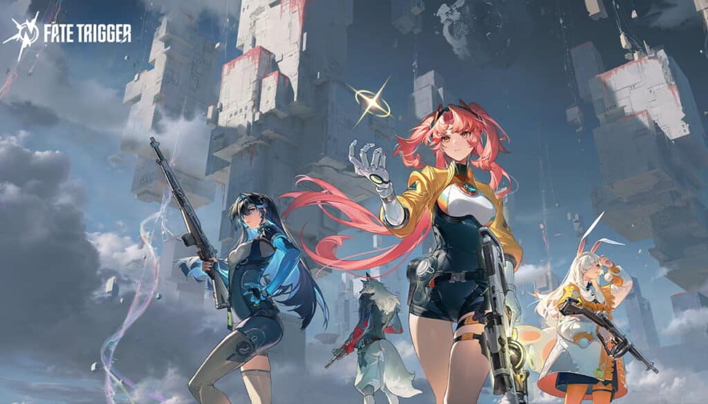 Fate Trigger key art with four anime-style heroes holding weapons against a floating city backdrop.
