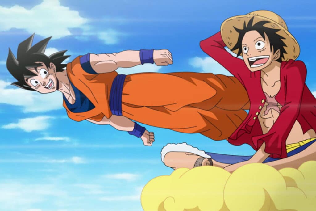 Anime characters Goku and Luffy flying together in the sky.