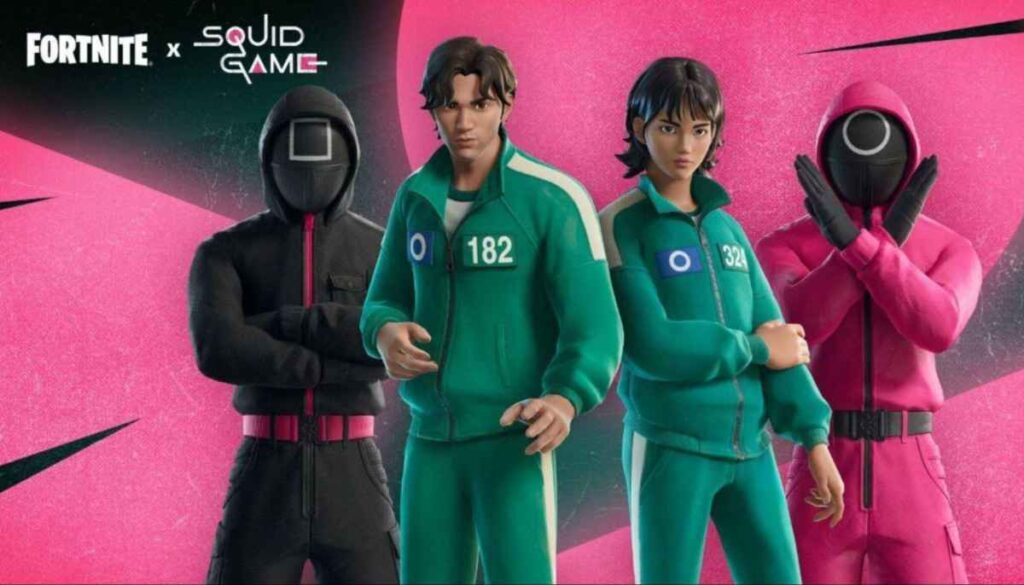 Four characters from Fortnite x Squid Game pose against a vibrant pink background, showcasing unique outfits and distinct styles.