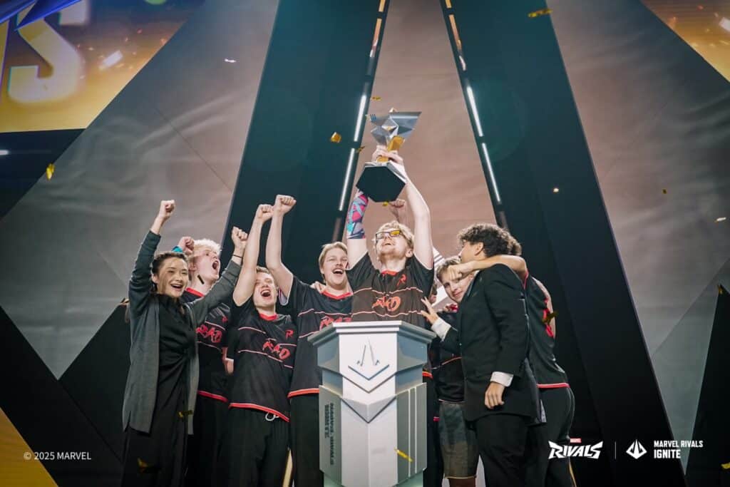 Marvel Rivals ignite Mid Season Finals Rad EU hoisting trophy