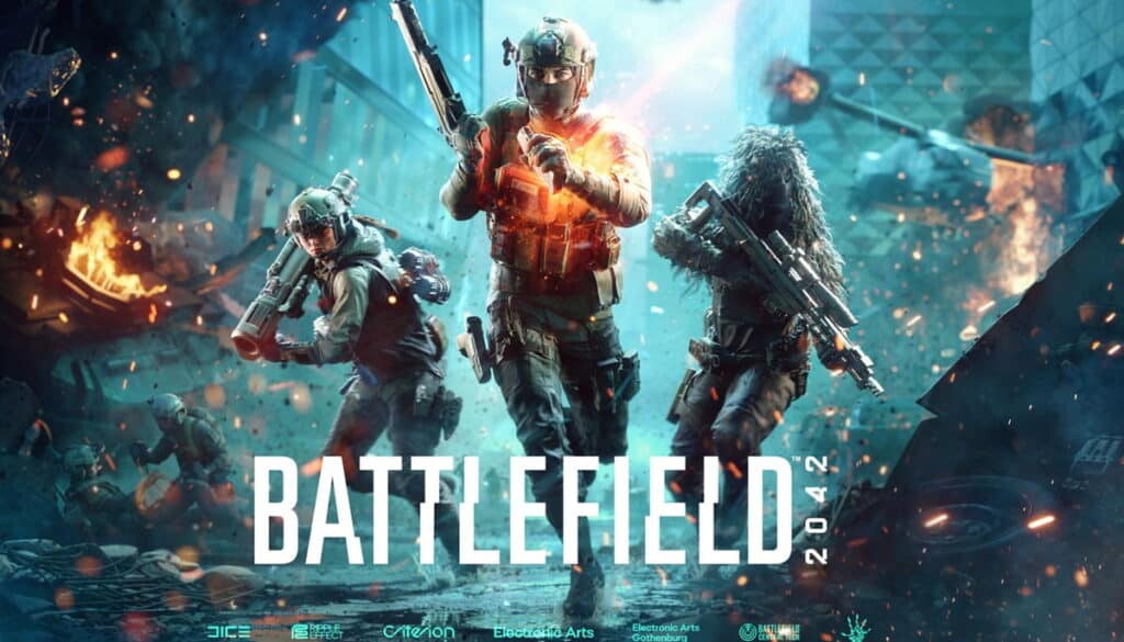 Soldiers in combat action featured on the Battlefield 2042 promotional artwork
