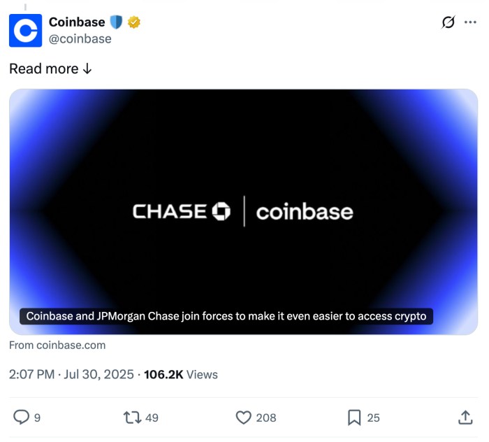 Coinbase post on X announcing its partnership with JPMorgan Chase.