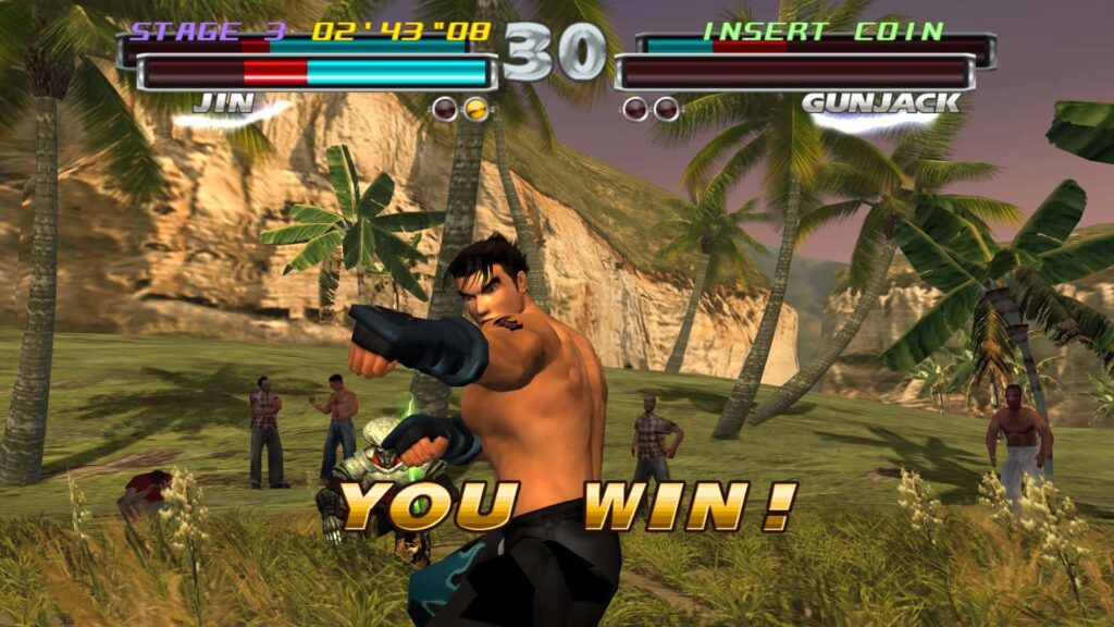 A shirtless fighter celebrates victory in a tropical setting, with palm trees and mountains. Bold text reads "YOU WIN!"