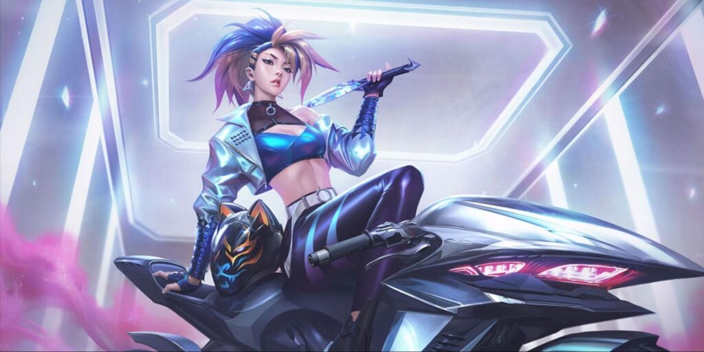 K/DA ALL OUT skin with stylish warrior in metallic outfit holding a dagger while sitting on a futuristic motorcycle
