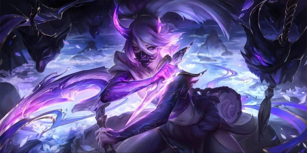 Spirit Blossom skin with masked warrior wielding glowing purple blades in a mystical landscape