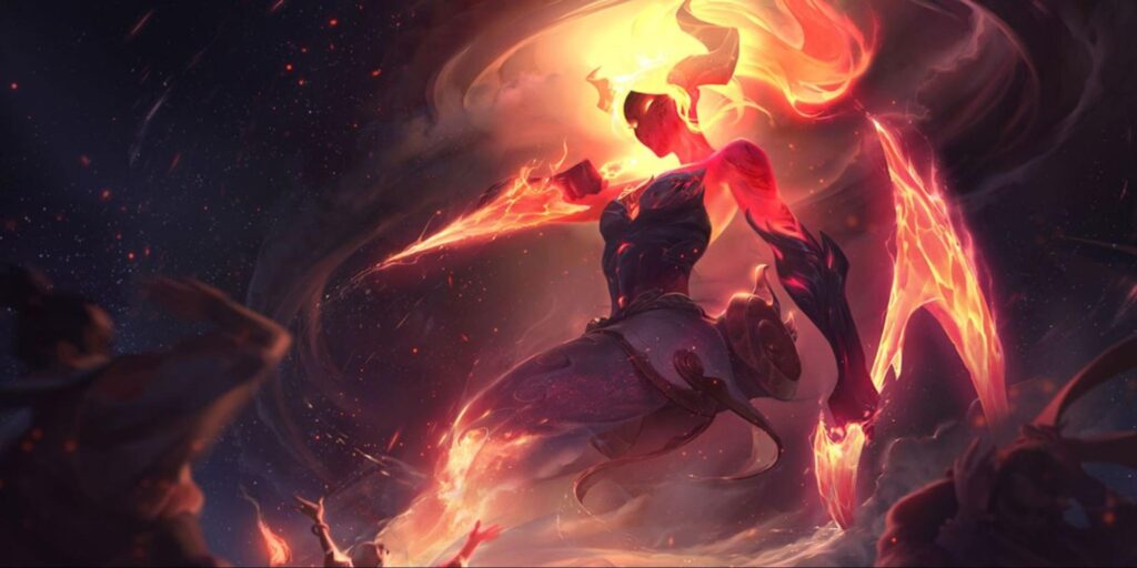 Infernal skin with fiery warrior, blazing hair, and molten blades emerging from flames