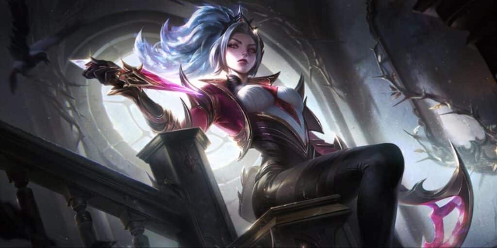 Prestige Coven skin with dark queen-like warrior holding a glowing pink blade while seated in a gothic throne room