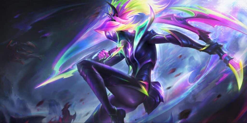 Empyrean skin with ninja in sleek armor, neon rainbow hair, and glowing blades in a cosmic battlefield
