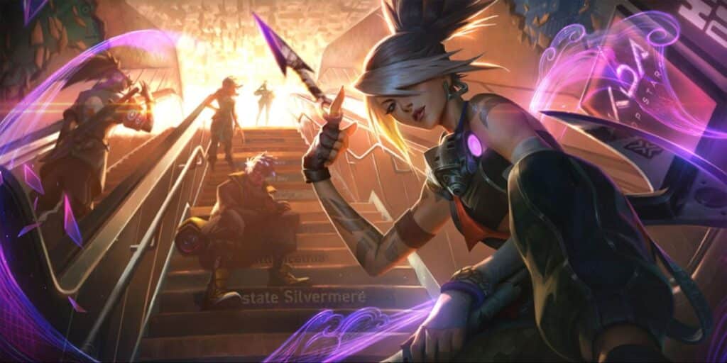 True Damage skin with urban warrior holding a glowing dagger, surrounded by graffiti and neon effects in a city setting