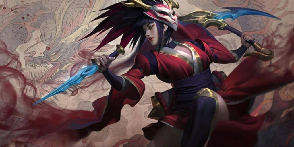 Blood Moon skin with masked kunoichi in red kimono wielding blue weapons