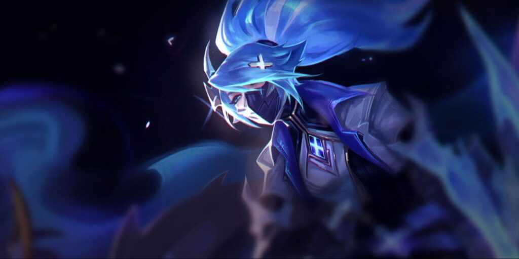 DRX skin with masked ninja and glowing blue hair in futuristic armor against a dark background