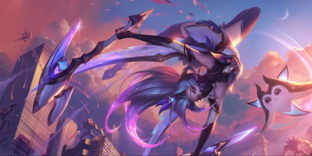 Star Guardian skin with acrobatic warrior flipping in the sky, wielding glowing crystal blades alongside a small magical companion