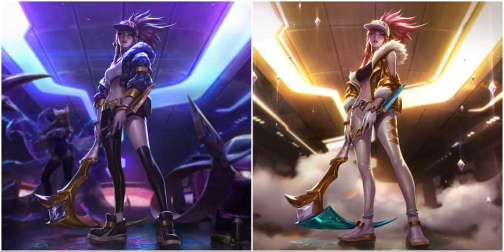 Regular and Prestige K/DA skins with streetwear warrior in cap and jacket holding a golden weapon, shown in blue-purple and gold-white versions