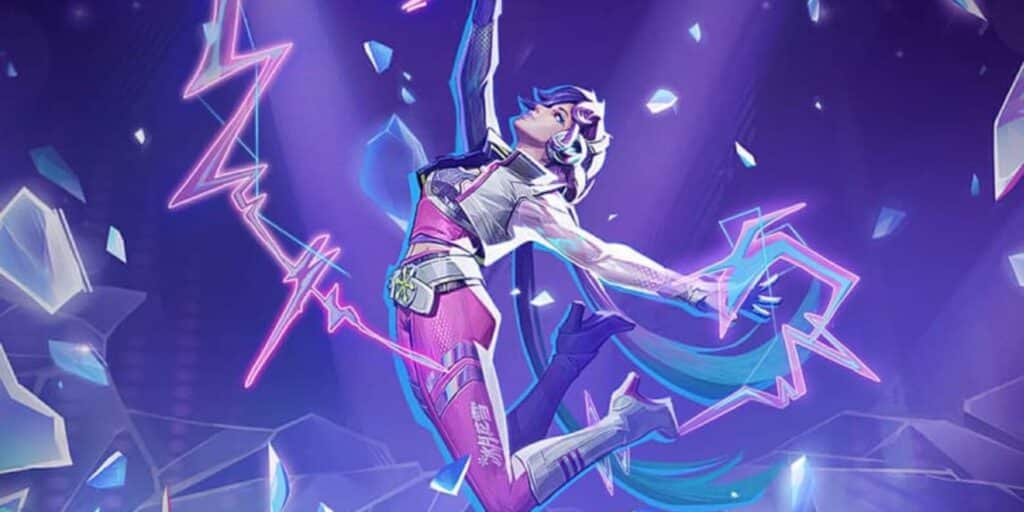 Luna Snow performing in her K-pop inspired outfit with glowing ice powers and shards around her